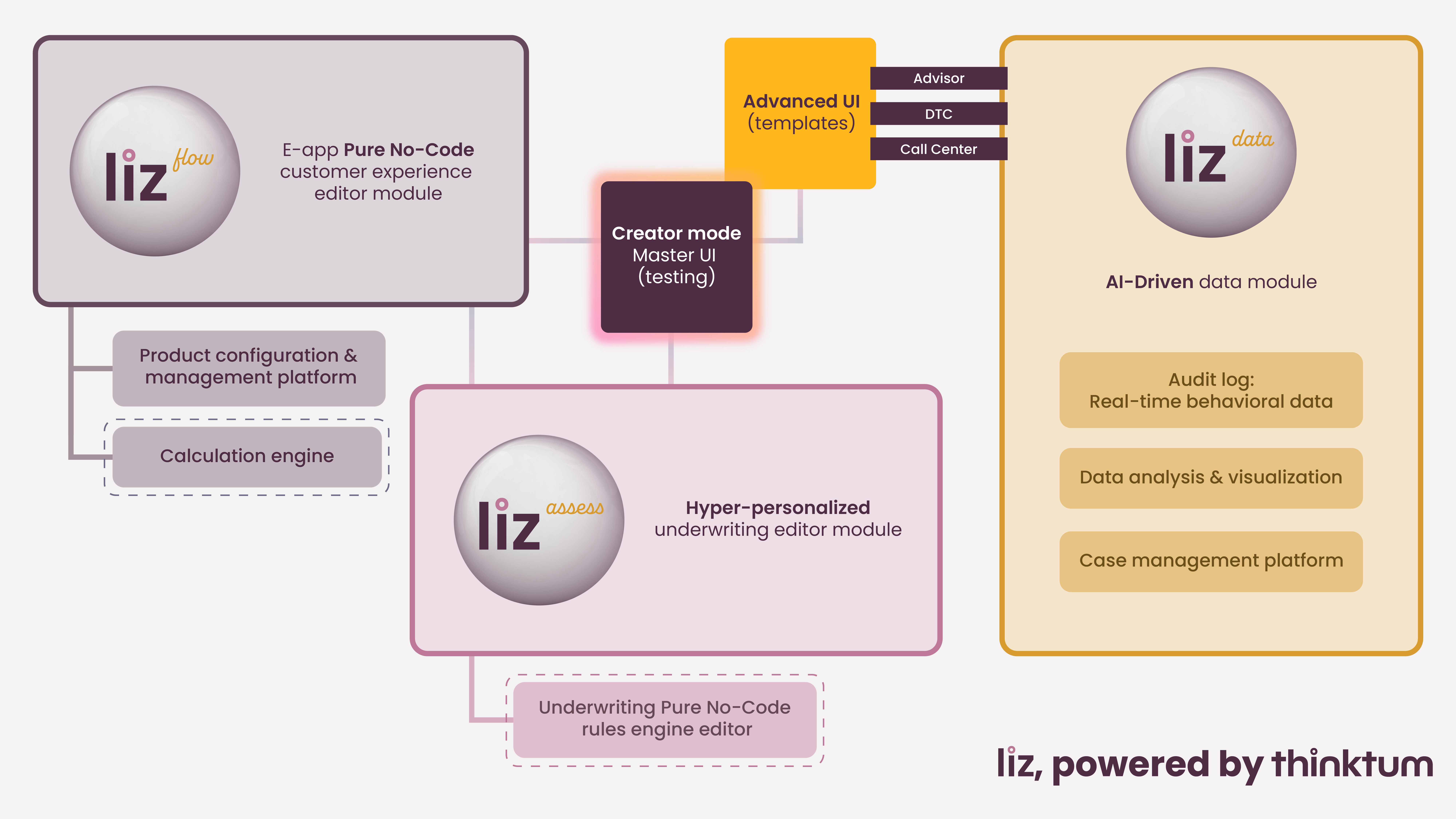 The liz operational flow from liz flow to liz assess, and liz data with specific actions listed for each module and liz, powered by thinktum.