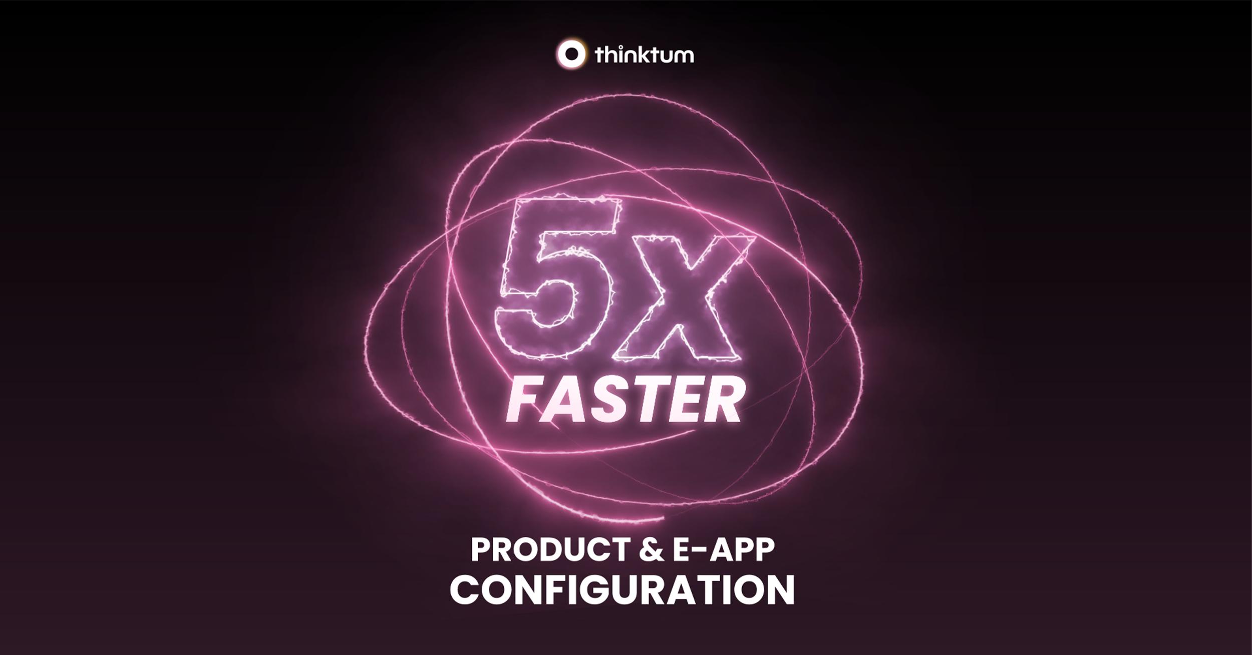 A black background shows 5x Faster Product & e-app configuration with orbiting pink lines around 5x faster.