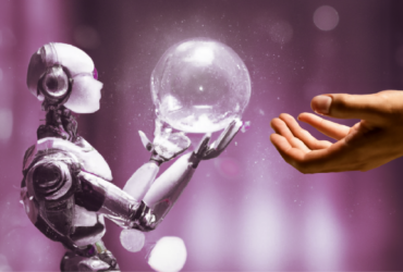 A robot is shown with a purple background holding a glass orb in two 